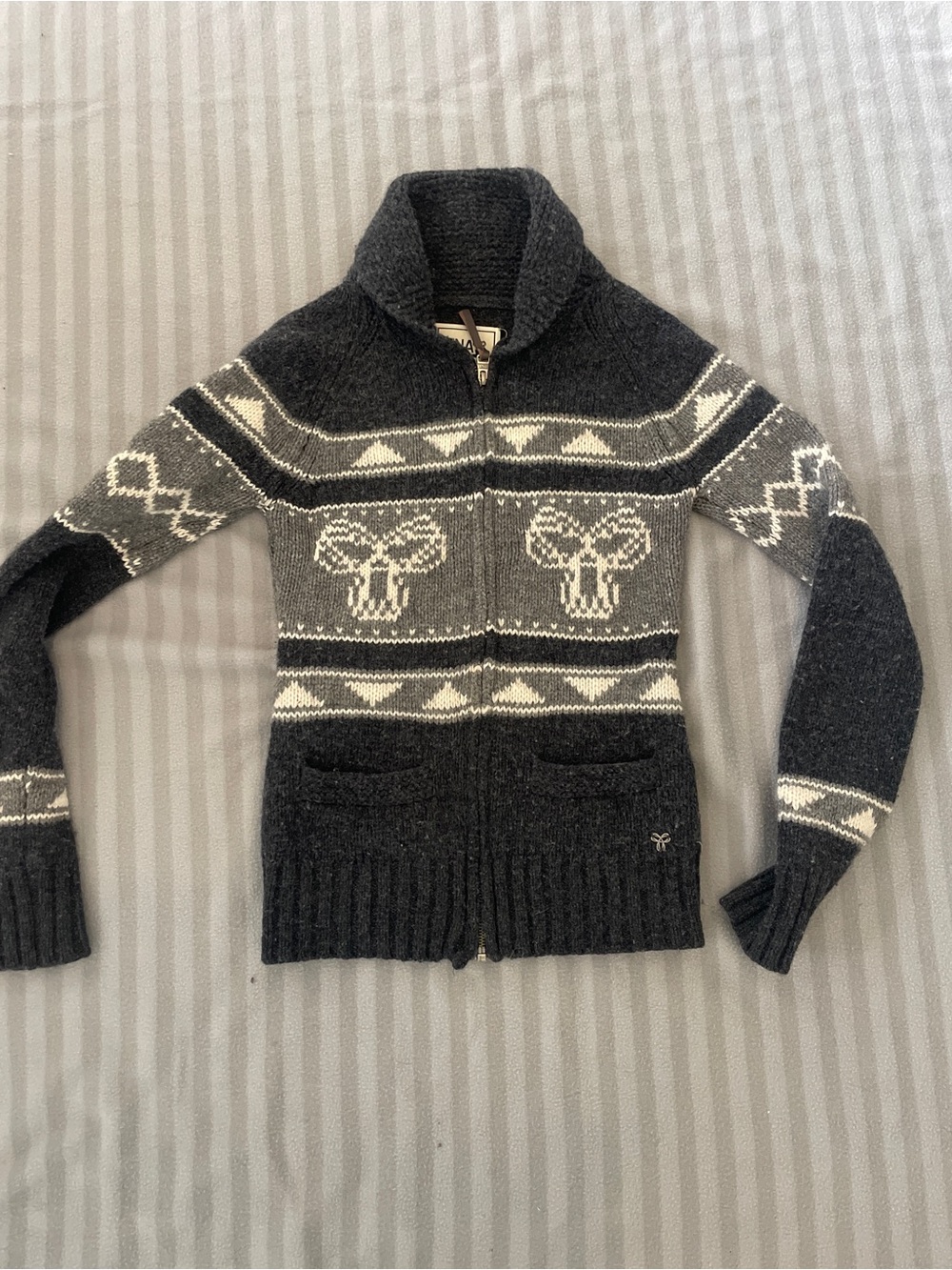 TNA Dark Gray and Ivory Zip-Front Fair Isle Cardigan